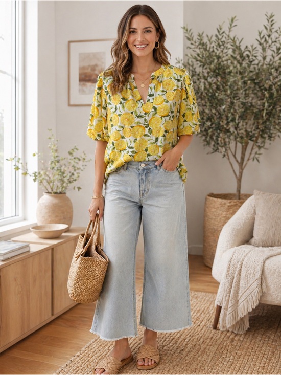 CeCe Tops - Anthropologie  CeCe Yellow Lemon Print V-Neck Blouse